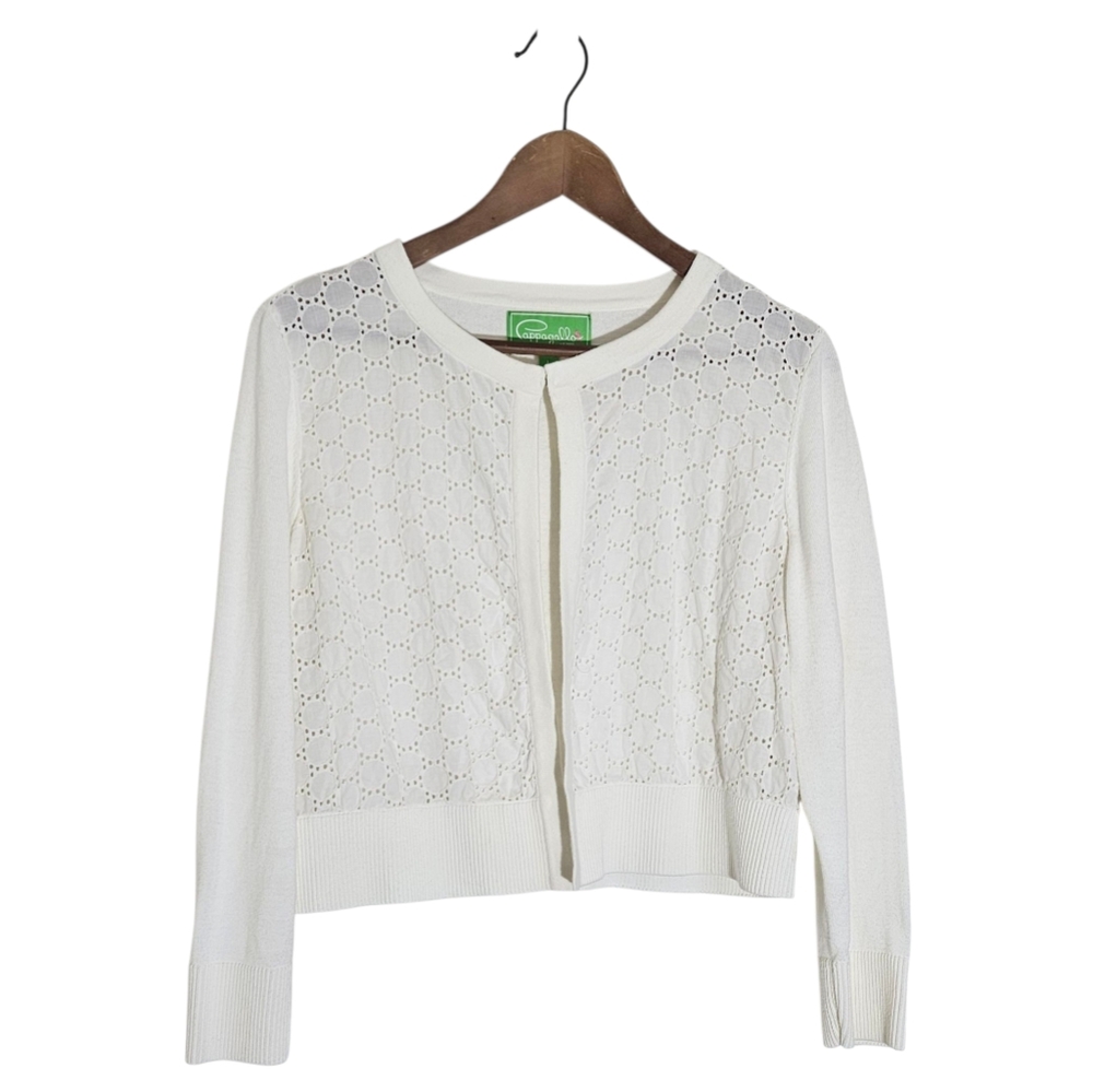 Pappagallo White Eyelet And Knit Open Front Cardigan Size Large